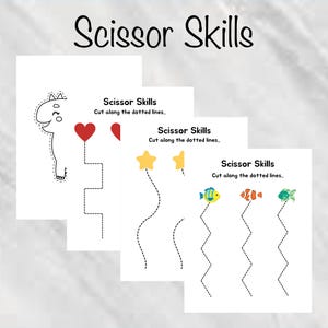 May include: Four white sheets with scissor skills practice activities. Each sheet features a different design: a dinosaur, a heart, a star, and fish. The text "Scissor Skills" and "Cut along the dotted lines" are printed on each sheet.