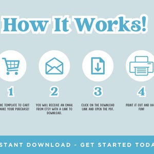 May include: Light blue graphic with the text "How It Works!" and four numbered steps. Each step includes an icon and a brief description: shopping cart, envelope, download arrow, and printer. The bottom banner reads "INSTANT DOWNLOAD - GET STARTED TODAY!"