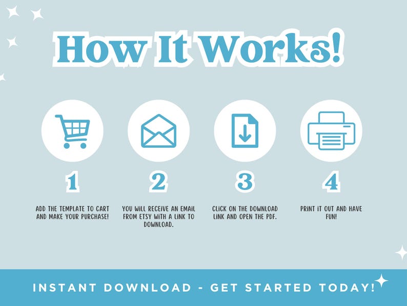 May include: Light blue graphic with the text "How It Works!" and four numbered steps. Each step includes an icon and a brief description: shopping cart, envelope, download arrow, and printer. The bottom banner reads "INSTANT DOWNLOAD - GET STARTED TODAY!"
