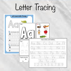 May include: Educational letter tracing worksheets for kids. The image shows multiple pages with uppercase and lowercase letters, tracing lines, and illustrations of an ant, apple, and airplane. The title "Letter Tracing" is at the top.