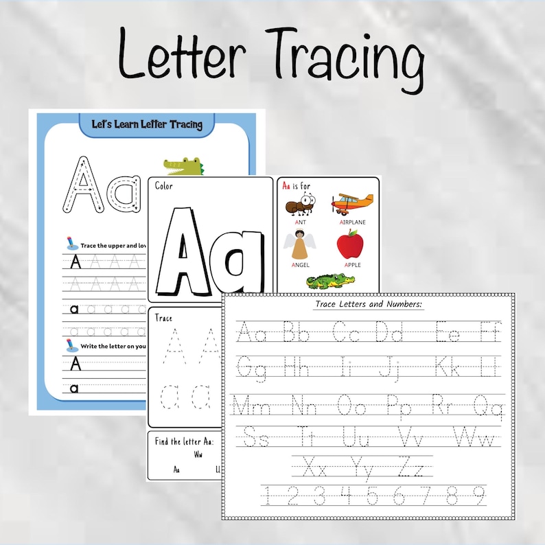 May include: Educational letter tracing worksheets for kids. The image shows multiple pages with uppercase and lowercase letters, tracing lines, and illustrations of an ant, apple, and airplane. The title "Letter Tracing" is at the top.