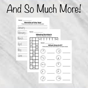 Puede incluir: Hojas de trabajo blancas con texto negro. Las hojas de trabajo incluyen ejercicios para trazar los meses del a&ntilde;o, completar los n&uacute;meros que faltan y decir la hora. El texto en la parte superior dice "And So Much More!"