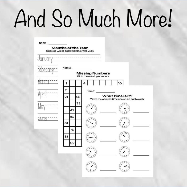Puede incluir: Hojas de trabajo blancas con texto negro. Las hojas de trabajo incluyen ejercicios para trazar los meses del a&ntilde;o, completar los n&uacute;meros que faltan y decir la hora. El texto en la parte superior dice "And So Much More!"
