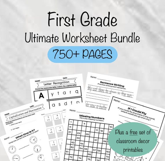 First Grade Printable Bundle, Printable First Grade Activity, Educational Classroom Worksheets, Homeschool Printables 1st Grade Summer Work