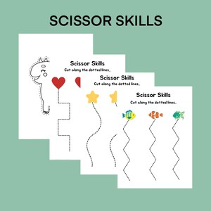 May include: Three printable worksheets for children to practise scissor skills. Each worksheet features a different image: a cartoon monster, a star, and a fish. The instructions on each worksheet read "Scissor Skills. Cut along the dotted lines."