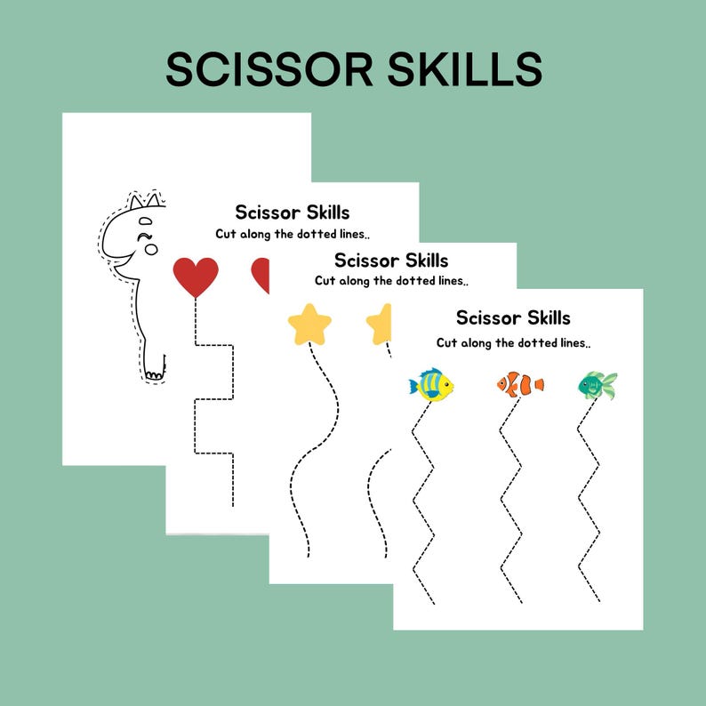 May include: Three printable worksheets for children to practise scissor skills. Each worksheet features a different image: a cartoon monster, a star, and a fish. The instructions on each worksheet read "Scissor Skills. Cut along the dotted lines."