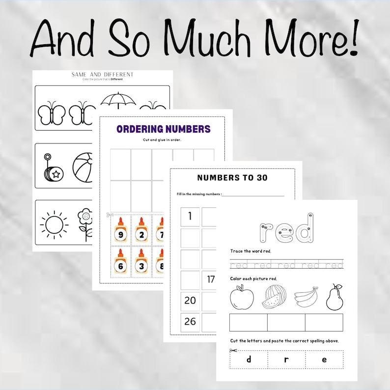 May include: A stack of educational worksheets for children. The worksheets include activities for learning numbers, colors, and matching. The text "And So Much More!" is at the top of the image.