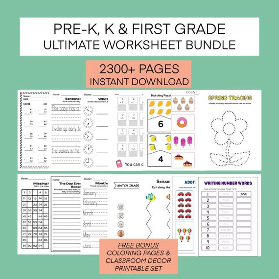 1st Grade Kindergarten Preschool  Summer Worksheets - Elementary Printable Classroom Bundle, 1st Grade Summer Review Morning Menu Math Set