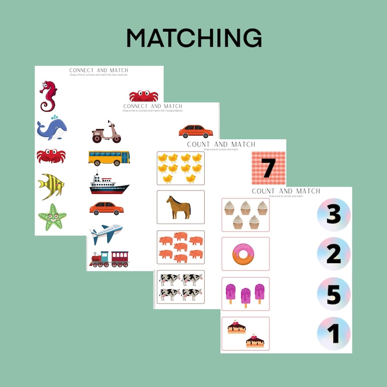 May include: A set of printable worksheets for children to practise matching and counting. The worksheets feature colourful illustrations of animals, vehicles, and food items. The text on the worksheets reads "Connect and Match" and "Count and Match".