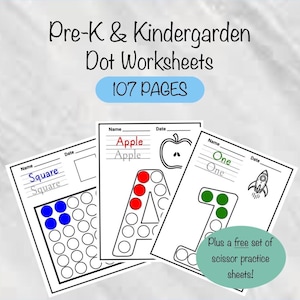 May include: Three black and white worksheets for preschoolers. The worksheets feature dot-to-dot activities for the letters A, 1, and the word "Square". The worksheets have lines for the child's name and the date. The title of the worksheets is "Pre-K & Kindergarten Dot Worksheets 107 Pages".