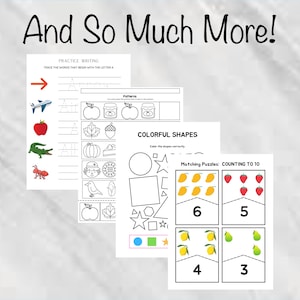 May include: Educational worksheets for children, featuring writing practice, pattern recognition, and shape and counting activities. The worksheets include colorful illustrations of objects and shapes, with the text "And So Much More!"