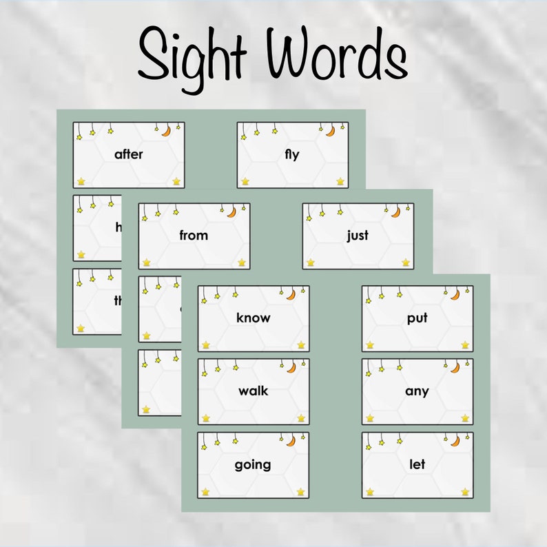 May include: Educational flashcards with the words "Sight Words" at the top. Each card features a word like "after," "fly," and "just" in a white hexagon shape, decorated with stars and crescent moons. The background is a light green.