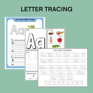 May include: A printable worksheet for tracing letters and numbers. The worksheet features a large letter "A" with a dotted line for tracing, and a smaller section for writing the letter "A" multiple times. The worksheet also includes a section for tracing the alphabet and numbers 1-9.