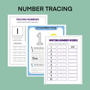 May include: A printable worksheet for children to practise tracing numbers 1 to 10. The worksheet includes a section for tracing the numbers, writing the number words, and counting objects.