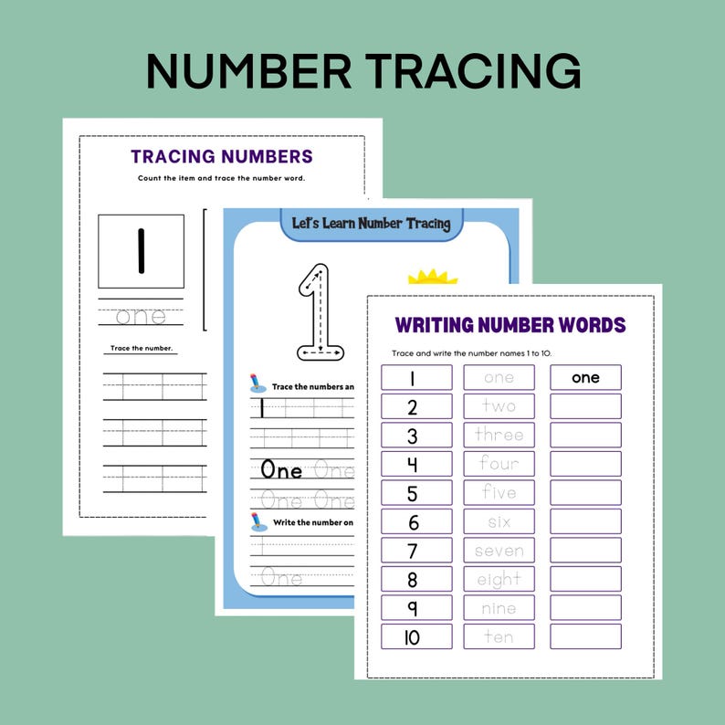 May include: A printable worksheet for children to practise tracing numbers 1 to 10. The worksheet includes a section for tracing the numbers, writing the number words, and counting objects.