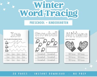 Winter Word Tracing Worksheets for Preschool & Kindergarten | Word Tracing, Counting, Matching, Coloring | Winter Theme Activity |Homeschool