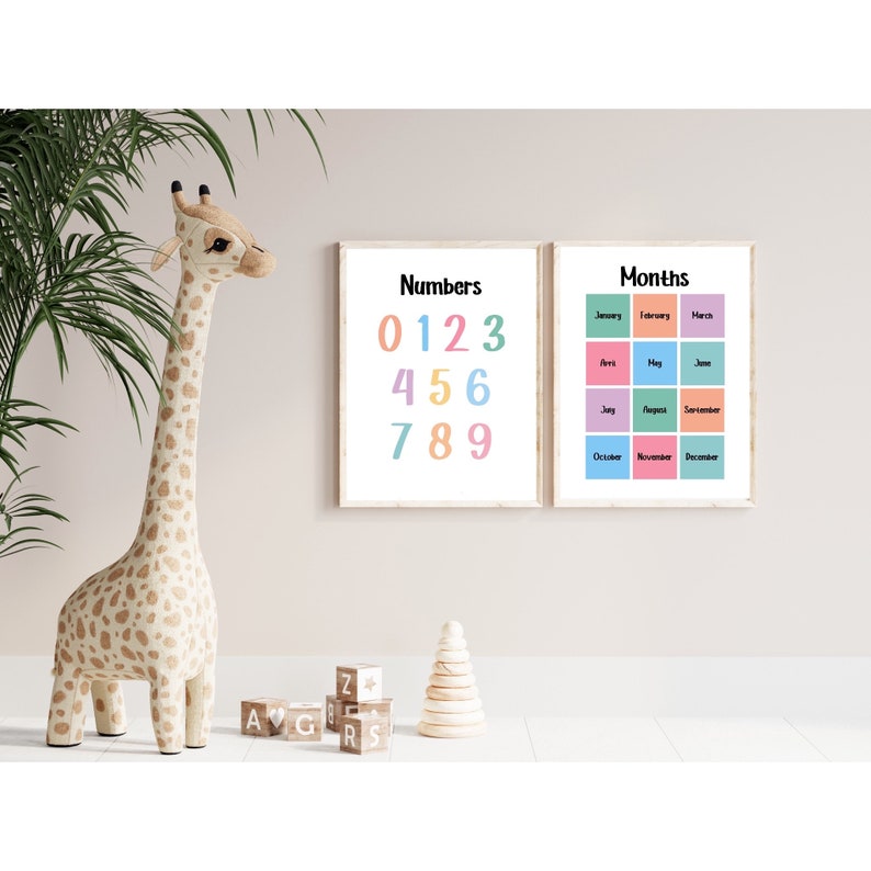 Puede incluir: Dos carteles educativos enmarcados con las palabras "Numbers" y "Months" en texto negro. El cartel "Numbers" muestra n&uacute;meros coloridos del 0 al 9. El cartel "Months" muestra un calendario con los meses del a&ntilde;o. Un juguete de jirafa y bloques de madera est&aacute;n en primer plano.