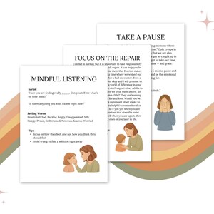 May include: Three white cards with text and illustrations on a light background. The cards are titled "Mindful Listening", "Focus on the Repair", and "Take a Pause". The cards have illustrations of a mother and child.