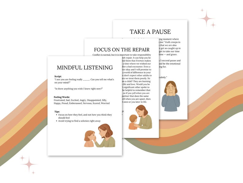 May include: Three white cards with text and illustrations on a light background. The cards are titled "Mindful Listening", "Focus on the Repair", and "Take a Pause". The cards have illustrations of a mother and child.