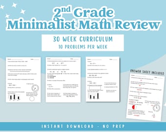 2nd Grade Minimalist Math Homeschool Curriculum Weekly Review Worksheets | 30 Weeks of Spiral Math Practice with Answer Key | Grade 2 Math