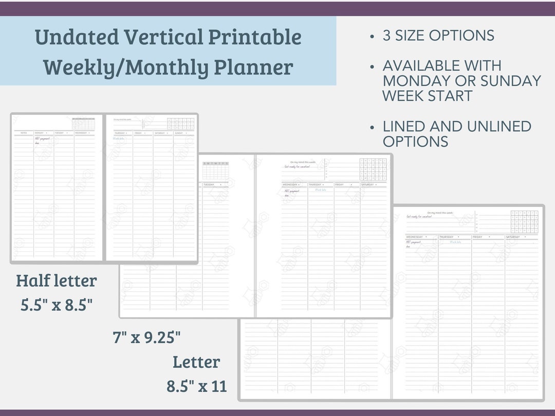 Printable Planner Vertical Layout Undated Weekly/monthly Planner - Etsy