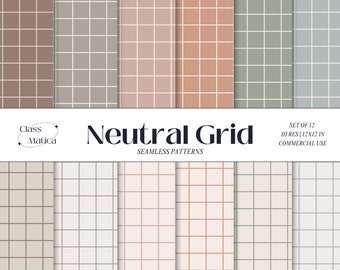 Neutral grid digital repeat seamless patterns, set of 12, free commercial use, grid digital paper, realistic muted colors, aesthetic grids