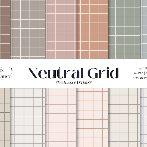 Neutral grid digital repeat seamless patterns, set of 12, free commercial use, grid digital paper, realistic muted colors, aesthetic grids