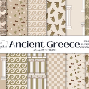 Grèce antique, motif numérique répété sans couture, colonnes grecques, terrazzo, vagues, raisins, papier esthétique neutre, motif méandres, histoire