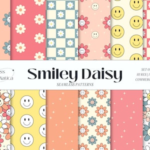 Retro Daisy Flower Seamless Pattern: Groovy Smiley Face (Digital Download)