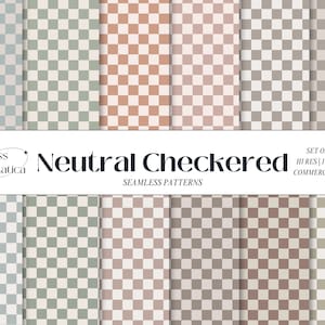 May include: Set of 12 neutral checkered seamless patterns in various shades of brown, green, and beige. Each pattern is 12x12 inches and is for commercial use.