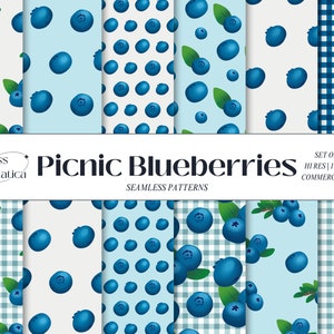 Picnic blueberries seamless digital repeat pattern, blueberry digital paper, fruit pattern, gingham pattern, blue paper, free commercial use