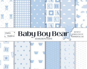 Baby Boy Bear Sky Blue Patterns: Nursery Digital Paper (JPG)