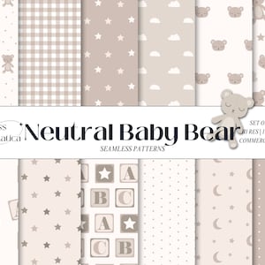 Conjunto de padrão de repetição sem costura de urso de pelúcia neutro de 12, papel digital de bebê neutro de gênero, padrão de animal de pelúcia bege sonolento estrelas da lua