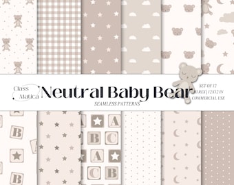 Neutral Baby Teddy Bear Seamless Patterns: Beige Moon & Stars (Digital Paper)