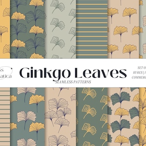 May include: Set of 12 seamless patterns featuring ginkgo leaves in various colours and styles. The patterns are high resolution and perfect for commercial use. The text "Ginkgo Leaves" and "Seamless Patterns" is included in the image.
