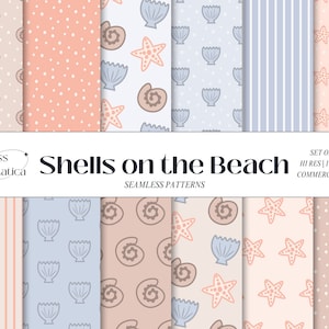 Conchas en la playa patrón de repetición digital sin costuras, patrón de estrella de mar y concha de almeja, papel digital del océano, patrón de verano, patrón de tela