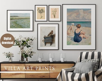Vintage summer gallery wall print set of 5, Eclectic blue farmhouse art prints set, Warm aesthetic home decor printable, Digital download