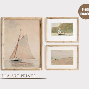 Jungenzimmer Vintage neutrale Küsten Wanddruck 3er-Set, Vintage Segelboot Druck, Gedämpfte Farbe Strand Druck, Haus am See, digitaler Download