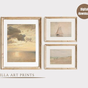 Vintage strandprints, neutrale kustmuurprint set van 3, afdrukbare strandhuiskunst aan de muur, vintage zeilbootschilderij, AFDRUKBAAR, DIGITAAL