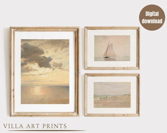 Vintage Strandposter, Neutral Küsten Wanddruck Set von 3, druckbare Strandhaus Wandkunst, Vintage Segelboot Malerei, DRUCKBAR, DIGITAL