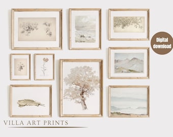 Neutral Art Print Set of 9, Vintage Gallery Wall Art, Antique Botanical Prints, Neutral Vintage Farmhouse Decor, PRINTABLE, Digital Download