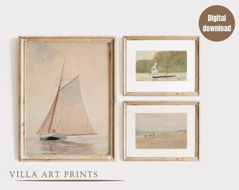 Boys room vintage neutral coastal wall print set of 3, vintage sailboat print, Muted colour beach print, lake house art, digital download