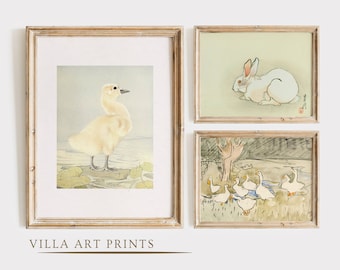 Vintage Nursery Animal Prints, Vintage Bunny Print, Watercolour Nursery Painting, Neutral Kids Room Wall Art Printable, DIGITAL DOWNLOAD