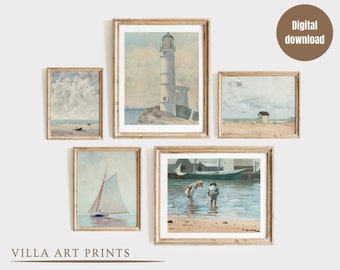 Vintage Coastal Nursery Prints Boy Room, Nautical Kids Wall Art Set of 5, Pastel Blue Nursery Prints,  Lighthouse Painting, DIGITAL DOWNLOAD