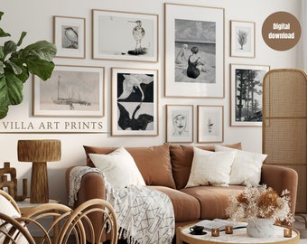 Black and White Wall Art Gallery of 9 Prints  Vintage Art Print Set  Neutral Eclectic Living Room Prints, Stylish Home Décor, DIGITAL