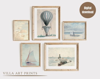 Vintage Nursery Wall Art Gallery Boys Room, Pastel Blue Nursery Prints, Nautical Kids Blue Wall Print Set of 5, DIGITAL DOWNLOAD