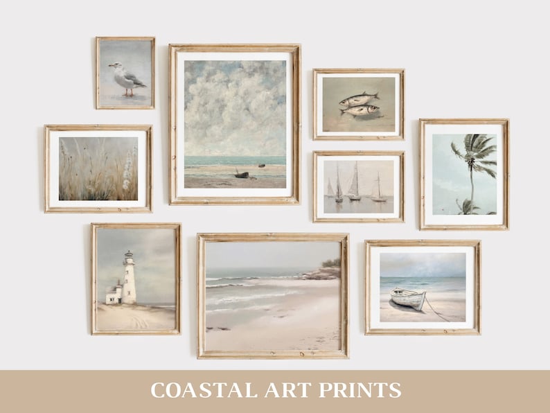 May include: A collection of nine framed coastal art prints featuring seascapes, boats, a lighthouse, a palm tree, and a seagull. The prints are all in a light wood frame and have a white background.
