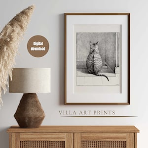 Impresión de boceto de gato vintage, ilustración ecléctica de gato a lápiz, decoración de pared de habitación infantil antigua, arte de boceto de animal neutro, descarga digital
