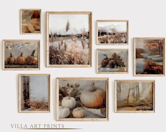 Fall Wall Print Set of 9  Artful Autumn Prints  Vintage Farmhouse Fall Wall Décor Thanksgiving Pumpkin Still Life Painting  Digital download