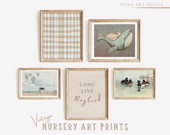 Arte de pared vintage para habitación de niño, impresiones en azul pastel para habitación de bebé niño, juego de 5 impresiones imprimibles para dormitorio de niño, descarga digital